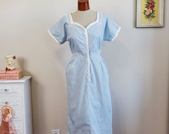 Picnic Perfect | Vintage 1950's Baby Blue and White Trim Cotton Day Dress | Lady Windsor by Kay Windsor | Volup XL