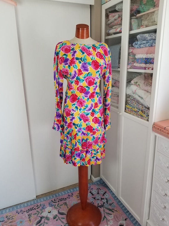 Vintage 1980's Silk Yellow Floral Dropped Waist Ru