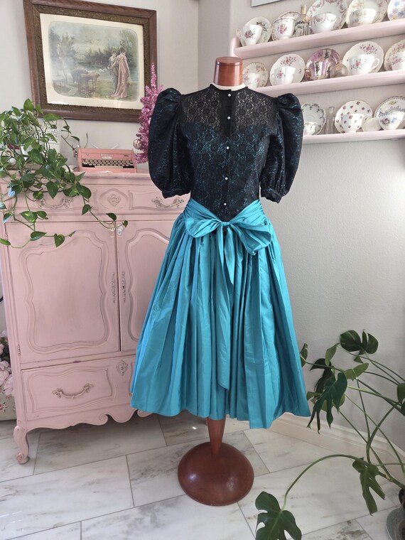 Vintage 1980's Teal and Black Lace Party Dress Basque Waist | Julia | Small  - Etsy Canada