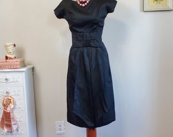 The Gaslight | Vintage 1950's Black Satin Faille Wiggle Dress With Big Bow | Small