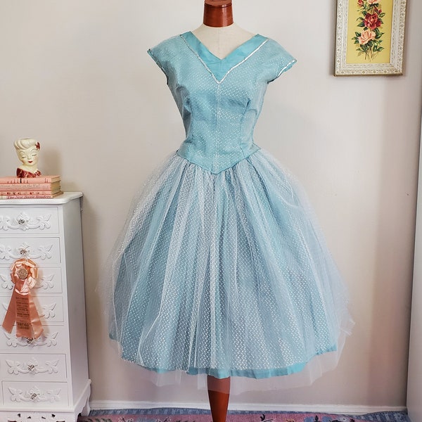 Vintage 1950's Blue SIlver Sparkly Sequinned Tulle Party Prom Dress Starry Eyed | Medium | Shabby Chic Dress Decor