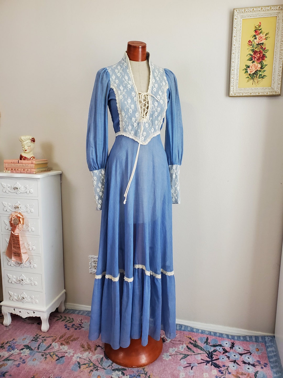 Vintage 1970's Gunne Sax Style Blue and Lace Corset Laced Long Sleeve ...