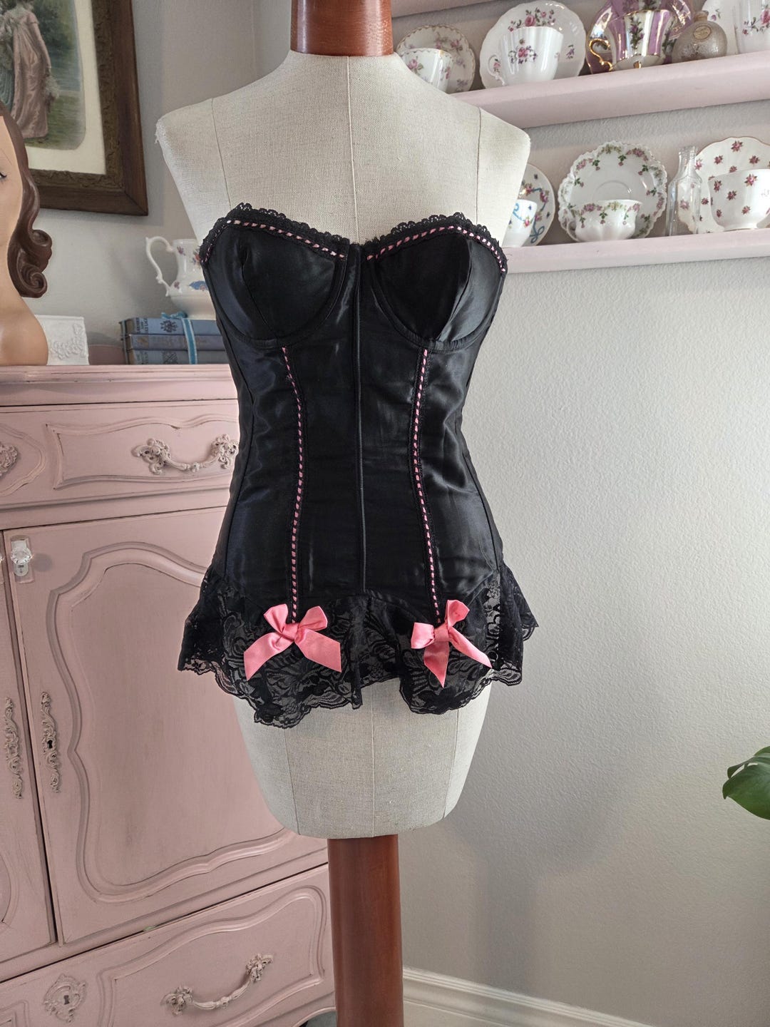 Y2K Frederick’s of Hollywood Pink Black Lace Corset Bustier Small 34 Frederick main image 3