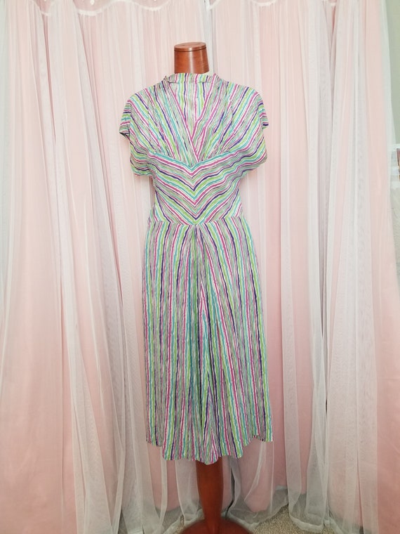 Vintage 1940's Rainbow Striped Silk Day Dress / X