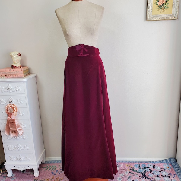 Vintage 1970's Cranberry Red Velvet Maxi Skirt WIth Shaped Waistband | Magnolia Wine | Large to XL