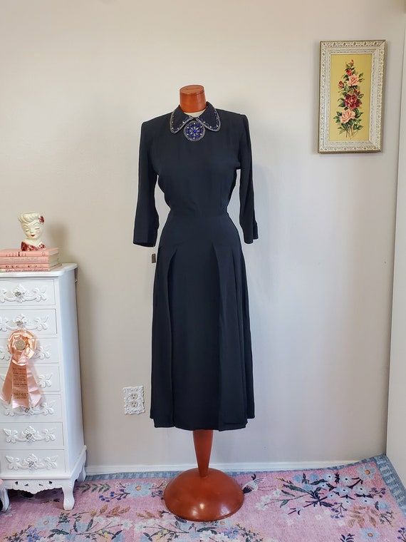 Art Gallery Gala | Vintage 1940's Black Rayon Crepe Dress With Blue Beading  and Draping on Skirt | Reich Department Store | Medium - Etsy
