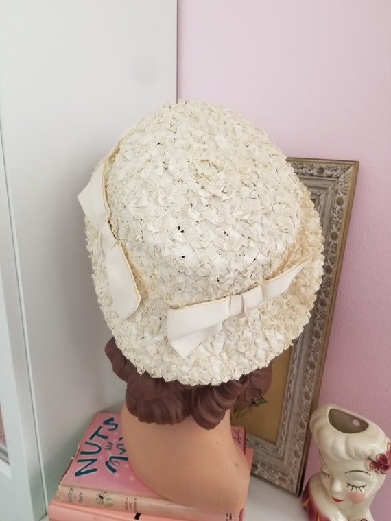 Vintage 1960's Cream Raffia Straw Hat With Ribbon… - image 4