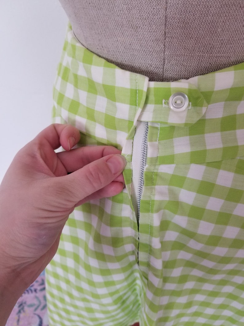 Vintage 1960/'s Apple Green Gingham 34 Circle Skirt With Cummerbund Style Waistband Spring Fling Small