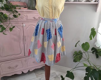 Vintage 1950's / 60's Striped Patchwork Print Pleated Skirt | XXS to XS