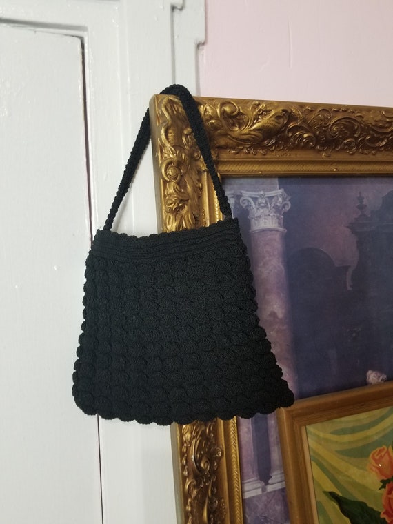 Vintage 1930's / 40's Black Corde Crochet Handbag… - image 1