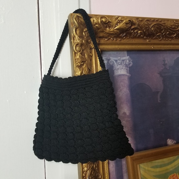 Vintage 1930's / 40's Black Corde Crochet Handbag With Deco Style Talon Bell Zip / Cocktail Hour