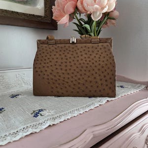 Vintage 1950 Braune geprägte Straußenleder Handtasche | True Vintage Mid Century Damen Geldbörse Taschenbuch | Hergestellt in England