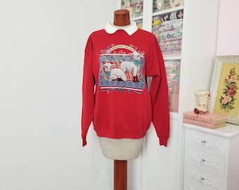 Vintage 1990's Red Country Lamb Cottage Core Granny Chic Sweatshirt / Cotton Grove / Large