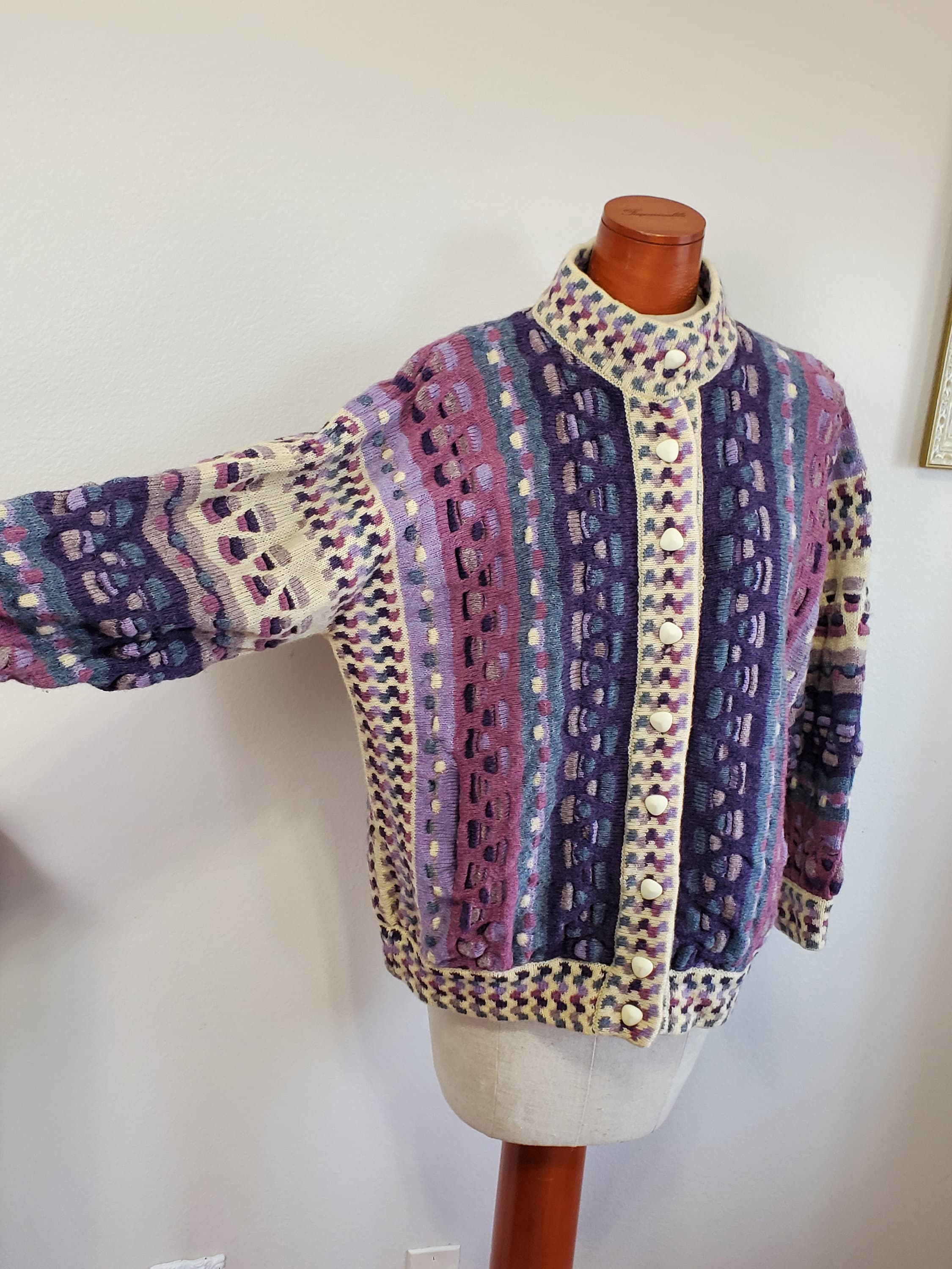Vintage 1980's Purple Blue and Cream Wool Cardigan Sweater