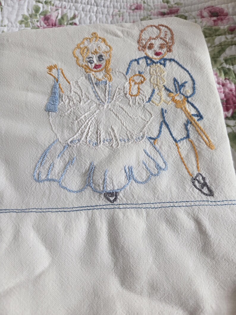 Vintage Embroidered Pillowcase Pair Rococo Couple in Gold and Blue ...