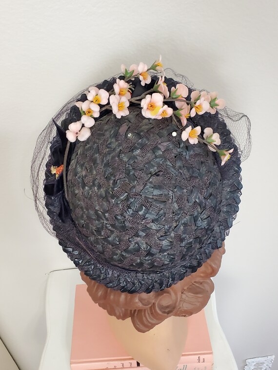 Vintage 1940's / 50's Navy Straw Raffia Hat With … - image 5