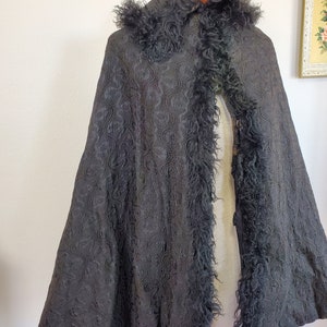 Antique Victorian/Edwardian Black Mourning Cape Cloak Fur Trim Hook Front Textured Jacquard Fabric