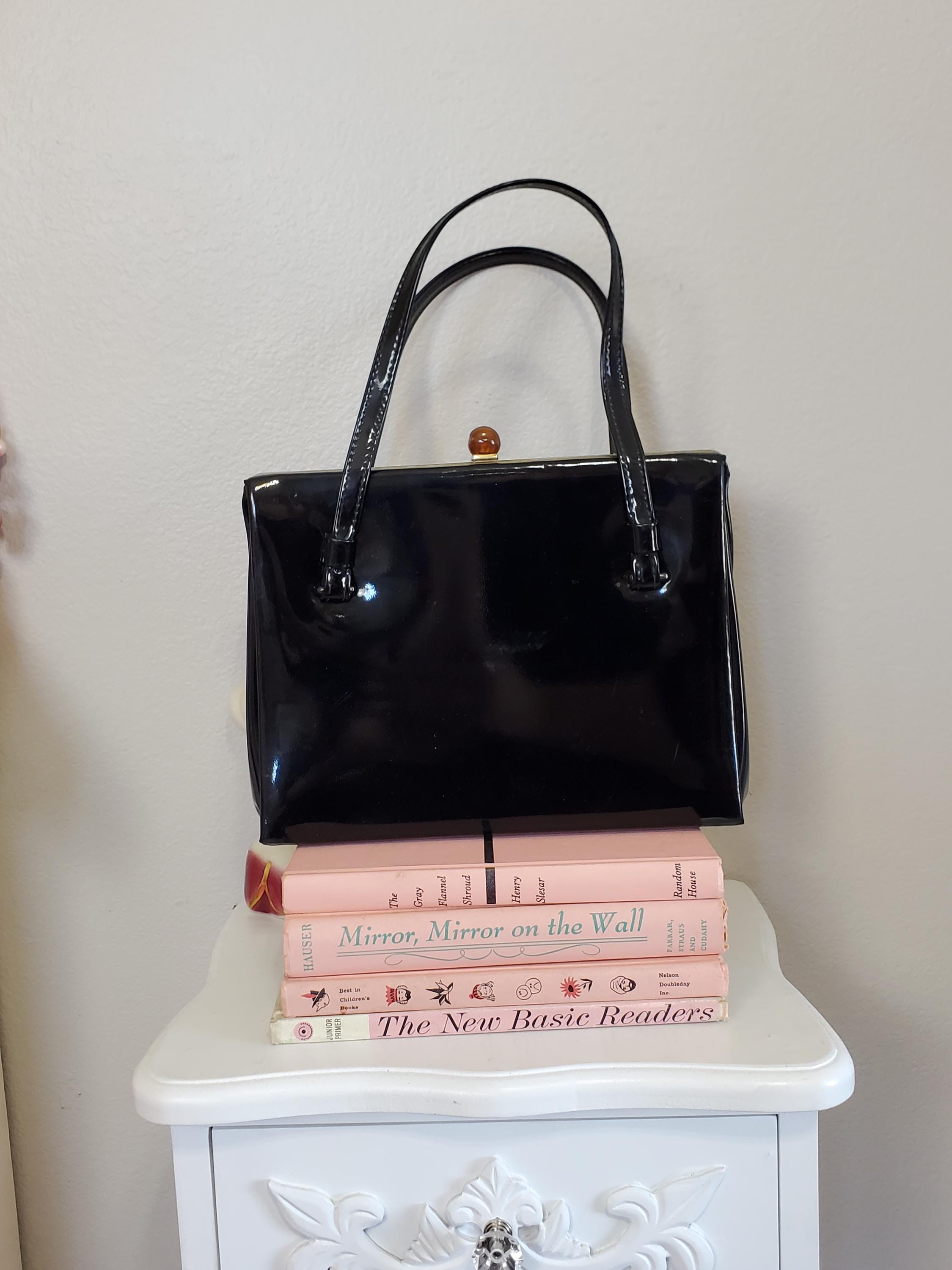 Vintage 1950's / 60's Black Shiny Leather or Vinyl Handbag Purse