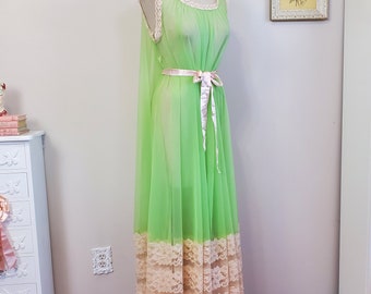 Vintage 1960's Electric Green Sheer Nylon Deep Lace Hem Sweeping Nightgown Ultimate Loungewear | Sears | Small to XL