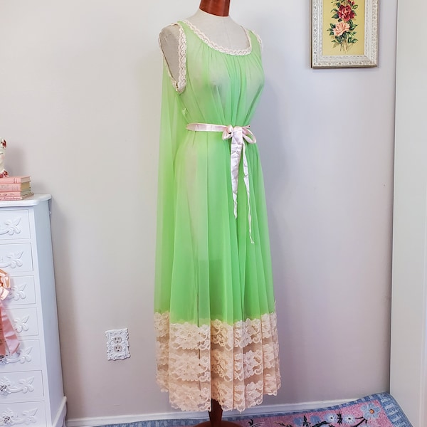 Vintage 1960's Electric Green Sheer Nylon Deep Lace Hem Sweeping Nightgown Ultimate Loungewear | Sears | Small to XL