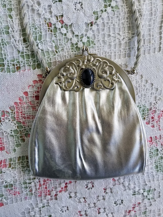 Vintage 1960's Metallic Silver Evening Bag with B… - image 2