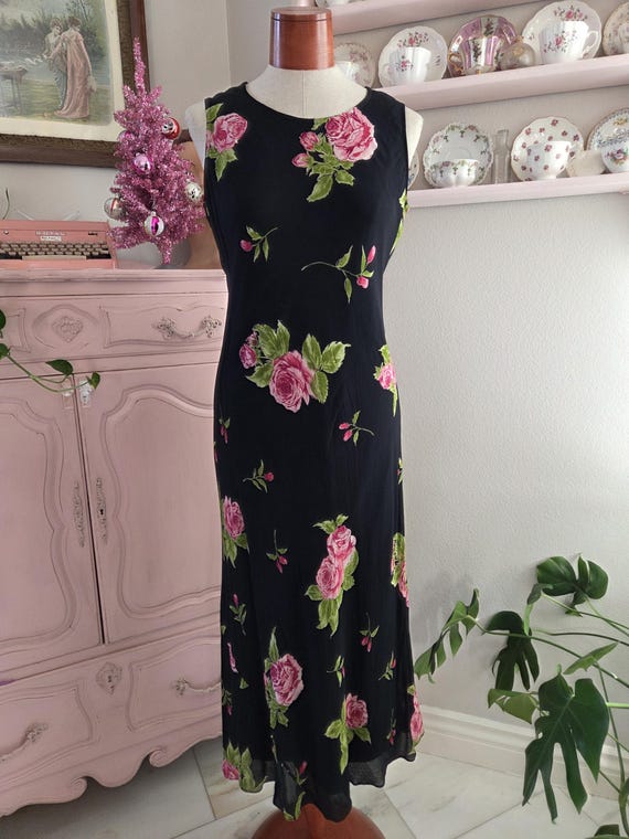 American Angel | Vintage 1990's Does 30's Black With Pink Rose Print Bias Cut Maxi Gown | Large