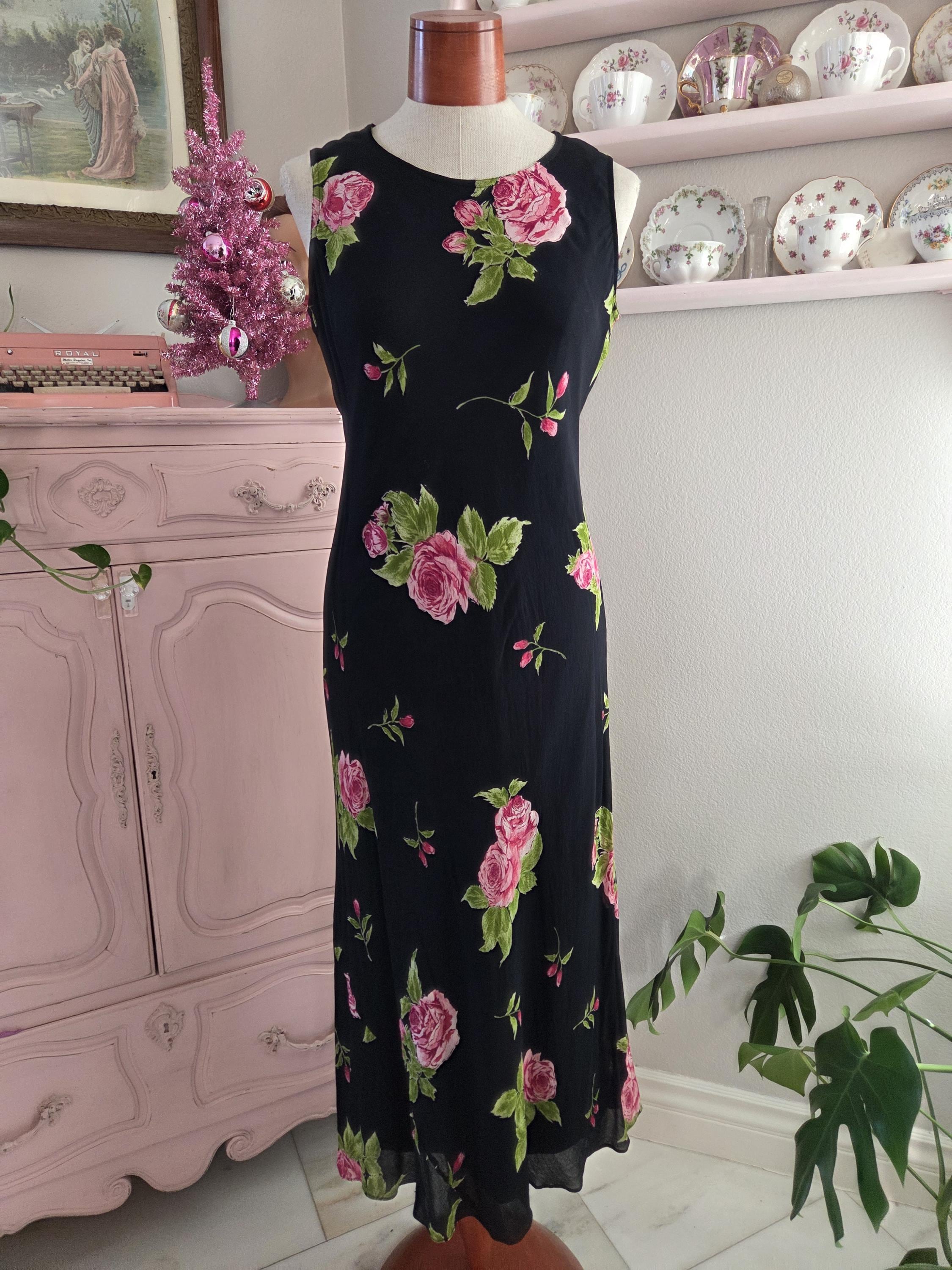 women's dark blue and black angel vintage dress American | 1990's Does 30's With Pink Rose Print Bias Cut Maxi Gown | Large Fabric:LINEN BLEND while the voluminous layered Ankle Hobble - Etsy US SIZE:US4