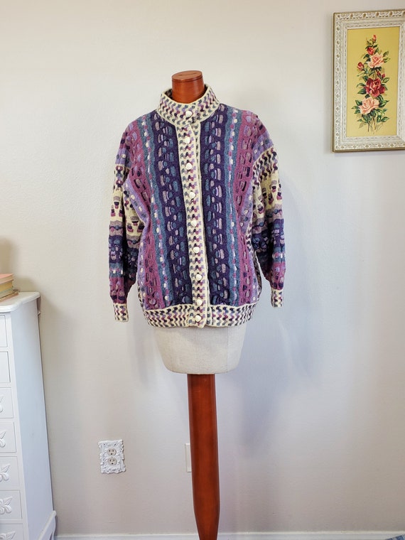 Vintage 1980's Purple Blue and Cream Wool Cardigan Sweater Irish