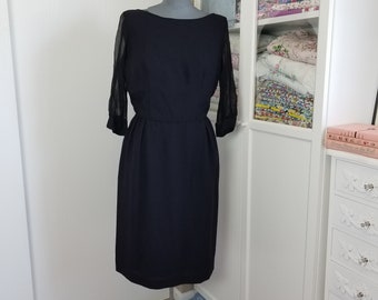 Vintage 1950's Black Crepe Wiggle Dress with Sheer Sleeves