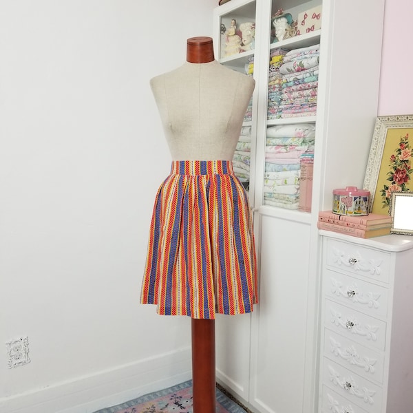 Vintage 1960's Red Blue Yellow WHite Floral Stripe Half Apron / Baking Betty