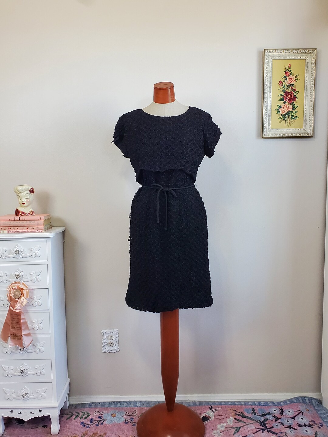 The Gaslight Vintage 1950's 60's Black Ribbon Work Wiggle