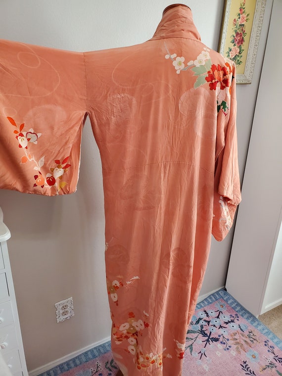 Vintage 1940's Peach Floral Silk Kimono Robe Peon… - image 5