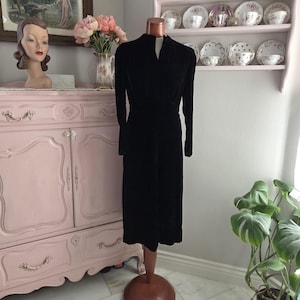 Bishops Wife | Vintage 1930&#39;s / 40&#39;s Black Silk Velvet Dress With Long Sleeves And Shirring | Small to Medium