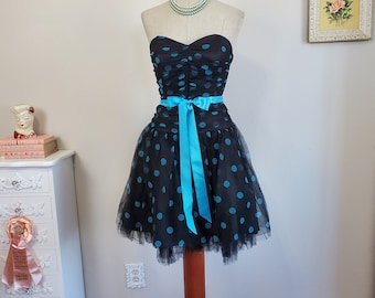 Vintage 1950's Style Y2K Black And Blue Polka Dot Party Dress Ruched Boned Bodice Tulle | Jessica McClintock for Gunne Sax | XS to Small