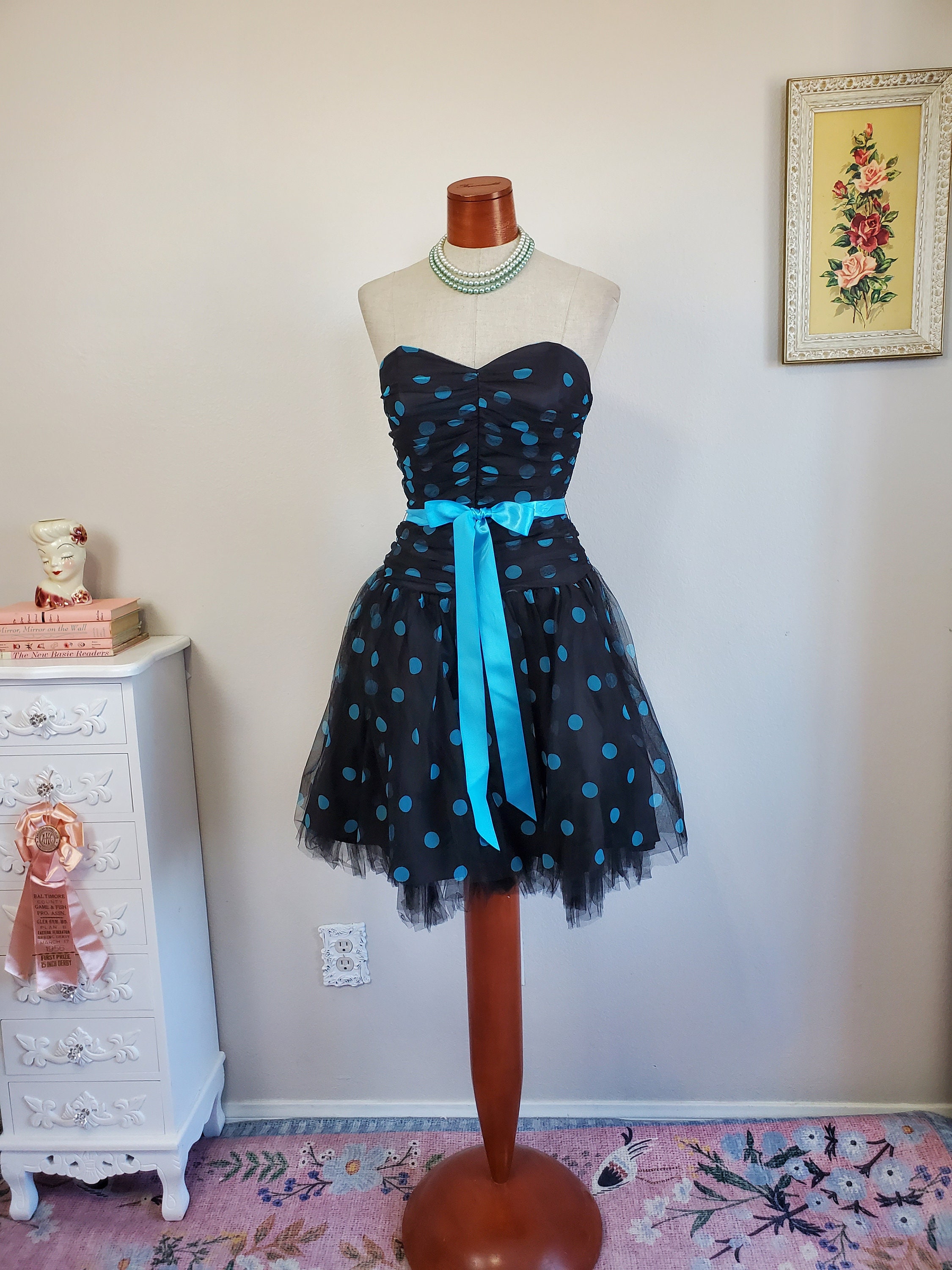 Vintage 1950's Style Y2K Black and Blue Polka Dot Party