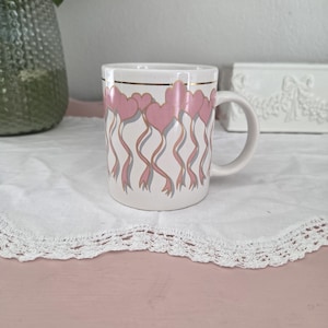 Vintage 1990&#39;s White With Pink Tailed Hearts Mug | Coffee Tea Mug Romantic Style Home Decor