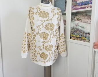 Vintage 1980's Oversized Tunic Sweater in Ivory and Glittery Gold Diamonds and Roses by Dana Scott Large