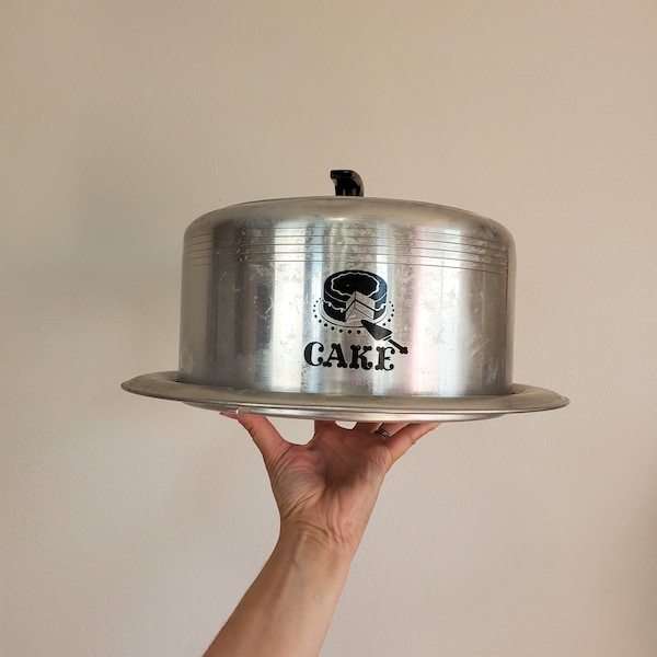 Vintage 1950's / 60's Mid Century Aluminum Cake Saver Cake Carrier With Cute Cake Picture | West Bend |  MCM Kitchen Decor