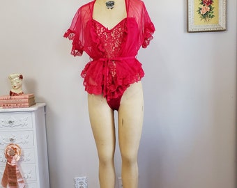 Frilled to Meet You | Vintage 1970's / 80's Raspberry Red Lace Frilly Teddy and Matching Sheer Bed Jacket | Alana Gale | Medium to Large