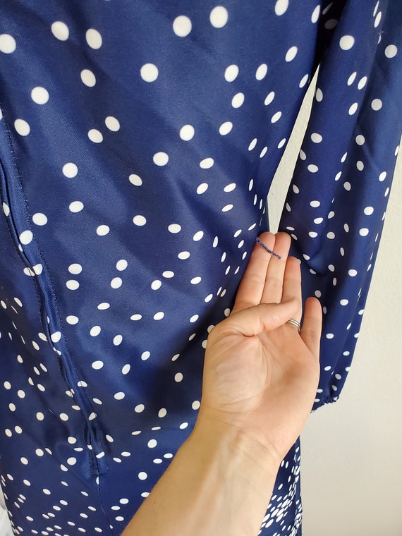 Vintage 1970's Navy Blue White Polka Dot Dress Long S… - Gem