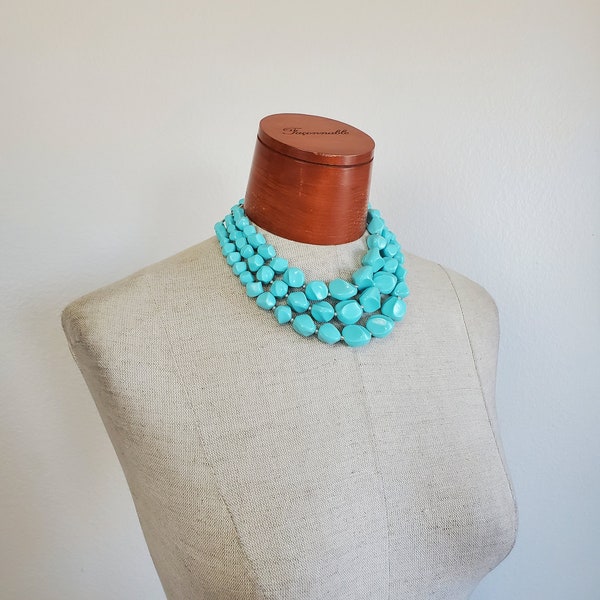 Vintage 1950's / 60's Robins Egg Blue Blue Triple Strand Molded Plastic and Silver Necklace | Coro Mid Century Jewelry Turquoise