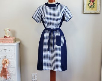 R E S E R V E D Mod Squad | Vintage 1960's / 70's Blue and White Diamond Polyester Knit Shift Dress With Self Fabric Belt | Large to XL