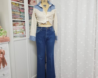 Vintage 1970's / 80's Denim Staright to Bootcut Jeans Medium Dark Wash  Blue Made in USA  | Wrangler Size 34 x 31 | All Cotton Denim
