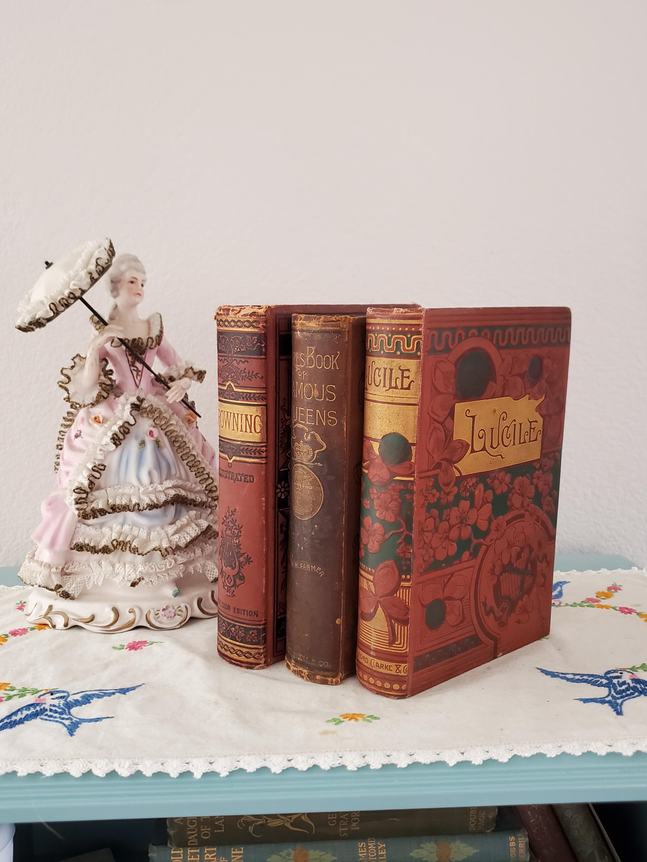 Antiquarian Victorian Book Lot 1800's | Lucille / Poetry by Browning / Girls Book of Famous Queens | Book Lot Brown Decorative Book