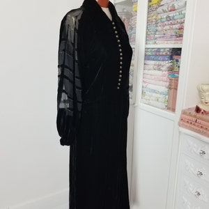 Vintage 1930's Black Velvet Dress With Burnout Bishop Sleeves and Metal ...