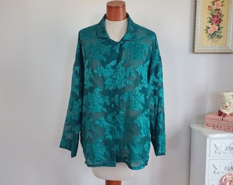 Vintage 1970's / 80's Crown Label Victoria's Secret Green Sheer Burnout Floral Sleep Top | Vintage VS Collectible Victorias Secret |