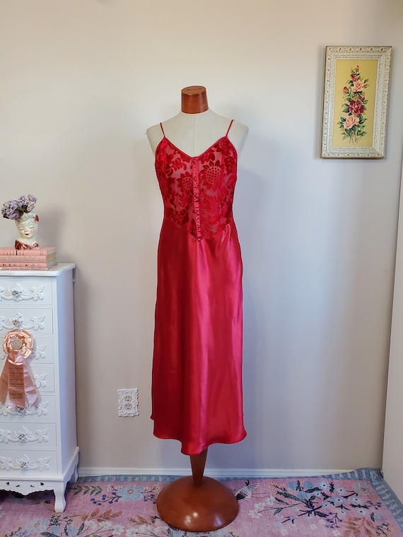 Vintage 1990's/Y2K Crimson Red Satin Burnour Velv… - image 1