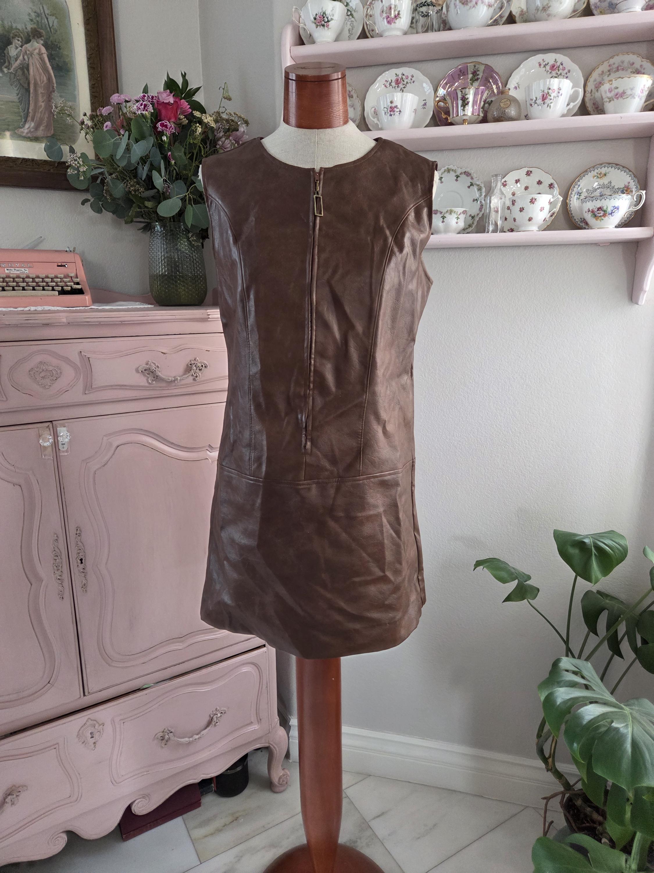 Woodstock Babe | Vintage 1960's / 70's Brown Leather Look Mod Zip Front Dress by Russ | Medium