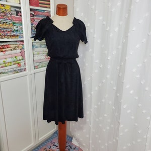 Vintage 1970&#39;s Black Velour Terry Cloth Dress Puffed Sleeves Swingy A Line Skirt / Beach Baby / XS to Small