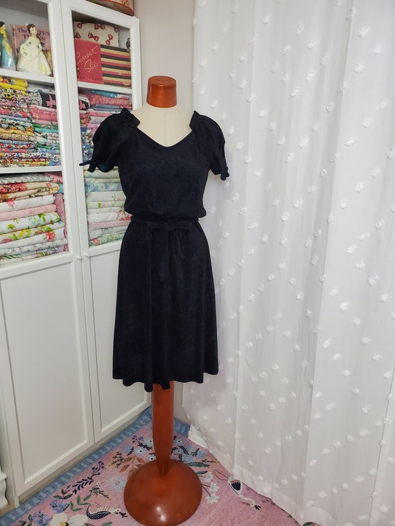 Vintage 1970's Black Velour Terry Cloth Dress Puff